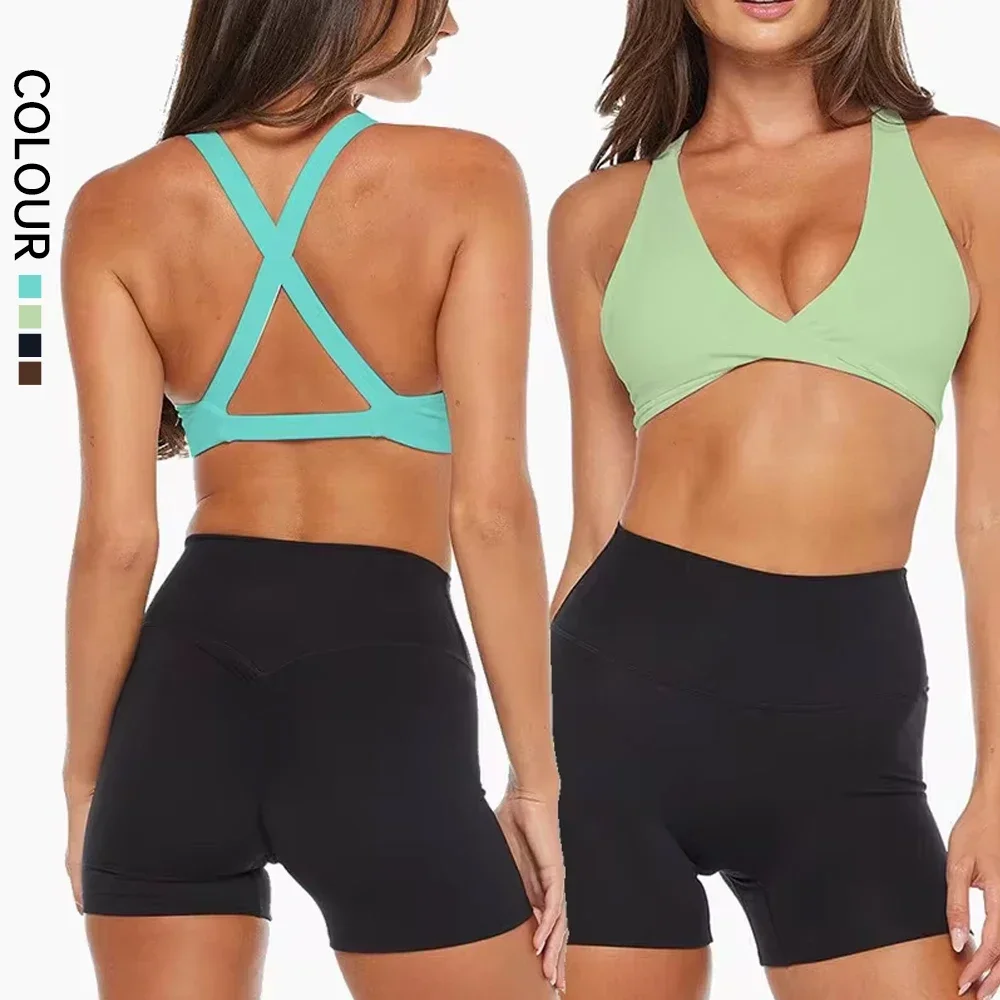 SHINBENE Twist High Cloud Front Strap Cross Back Yoga Exercise Fitness Bra Padded Fitness Women's Short Top