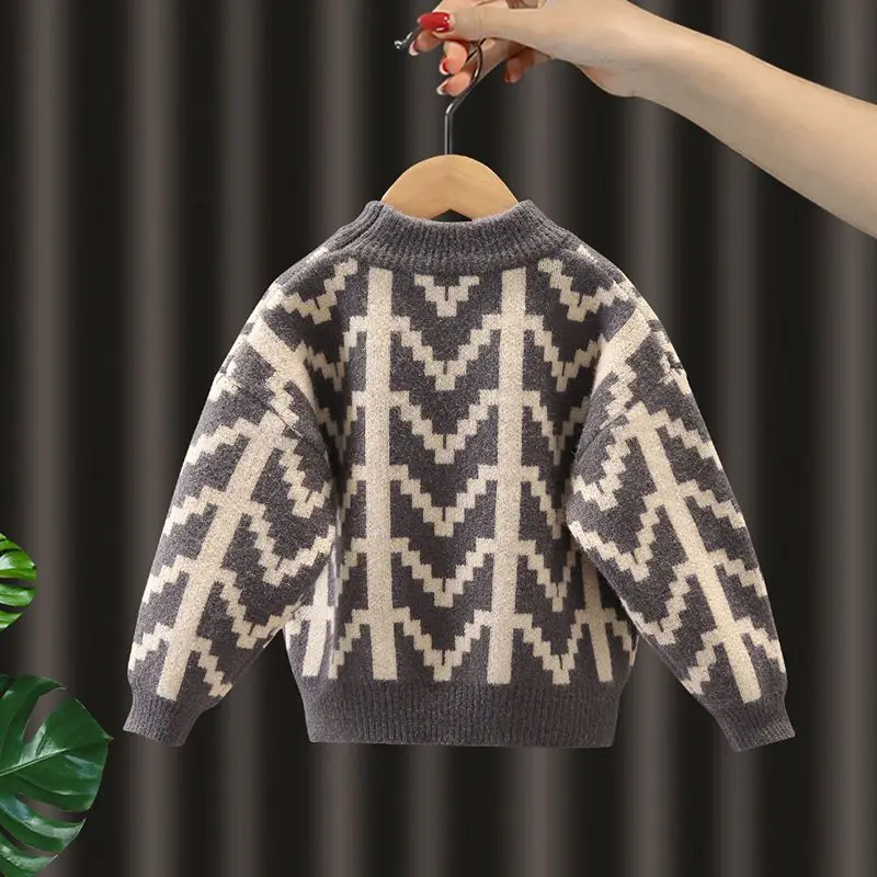 2026 Boys Sweater 6 5 10 12 Years Autumn/Winter Children's Fashion Thickened Pullover Round New Neck Sweater Korean Version Knit