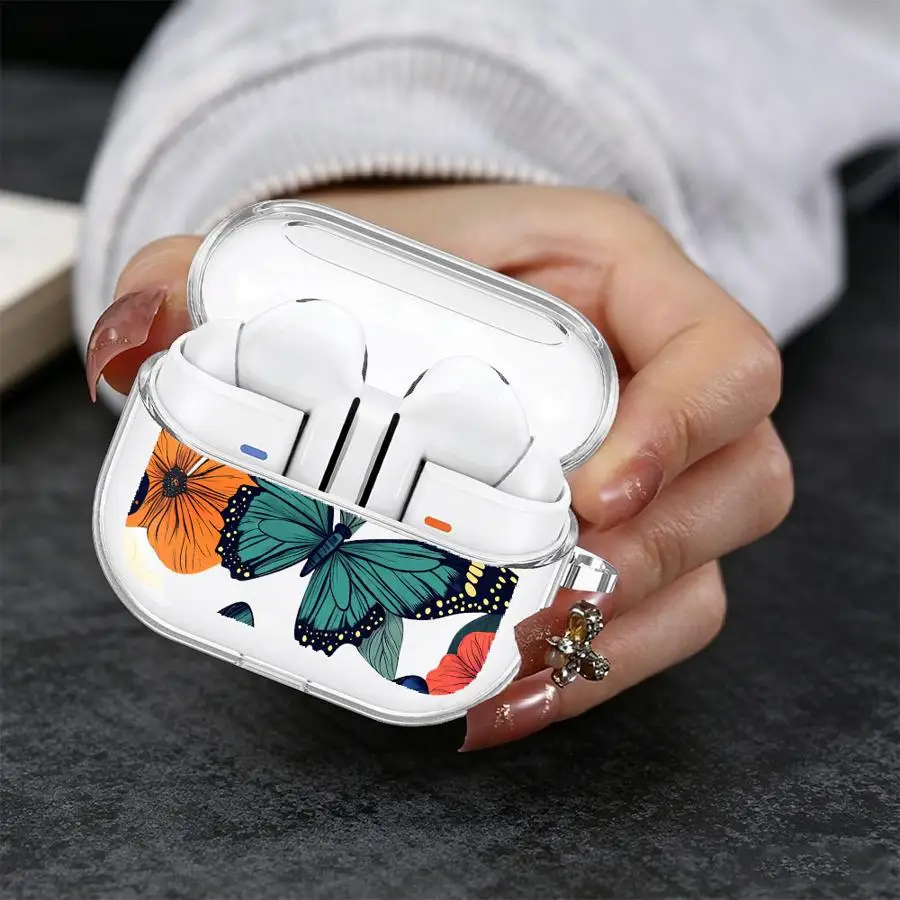 Case For Samsung Galaxy Buds 3 FE 3Pro 2 2Pro 4 Pro 4Pro Live Clear Earphone Cases Cover With Hook Colorful Butterflies Print