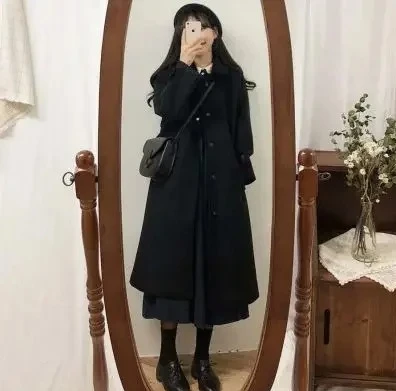 

Woolen Coat Women's Mid-Length Thickened Loose Slimming Over-Knee Tweed Coat Autumn Winter New Korean Style