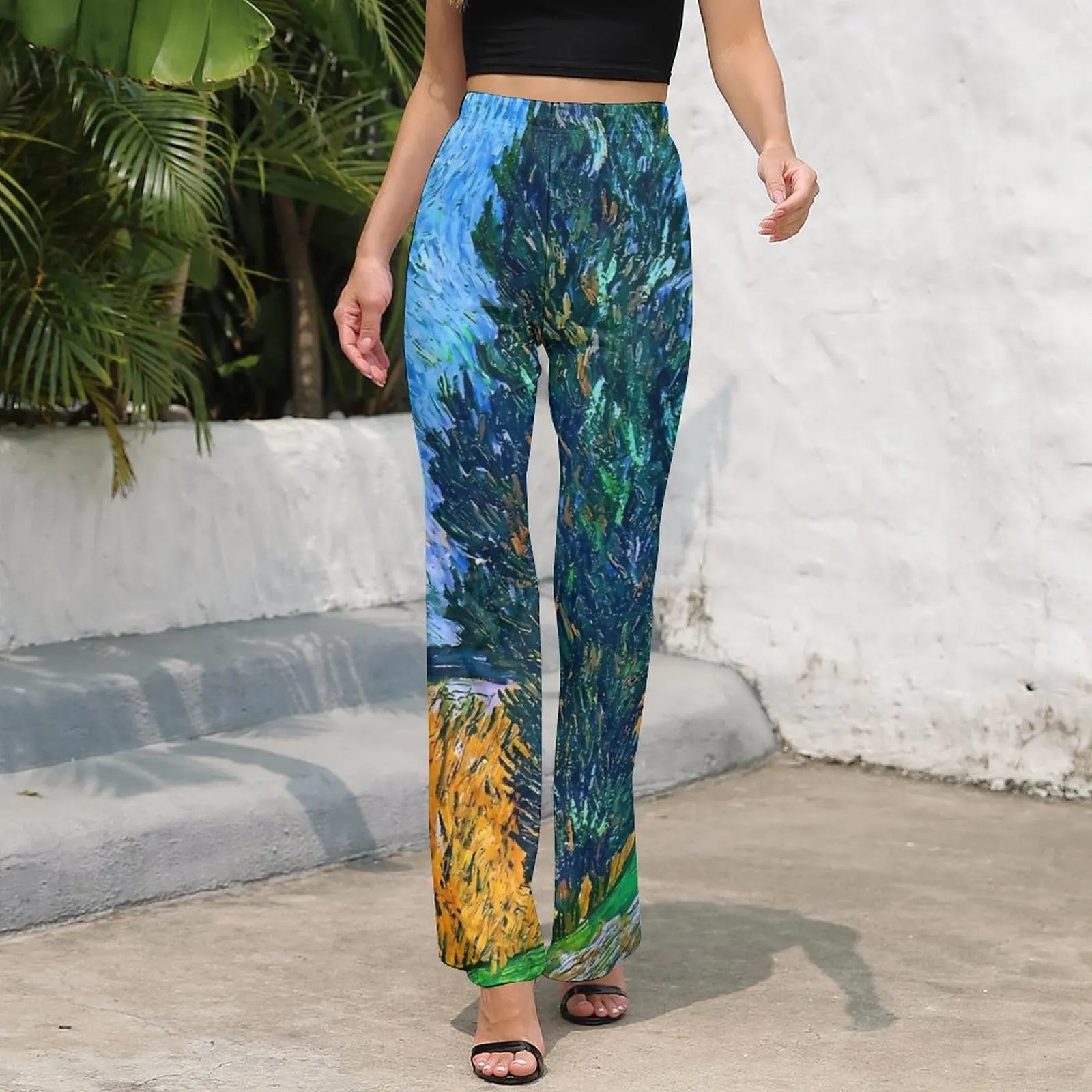 Pantalon Van Gogh Road avec presque resses et étoiles, taille haute, évasé, décontracté, design fjSpring, mode de rue, cadeau d'anniversaire