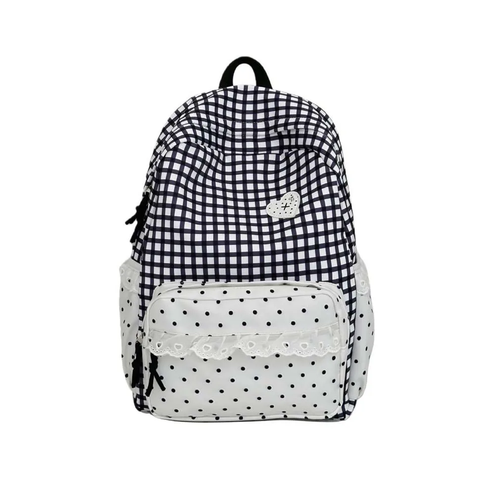 Korean Style Gingham Backpack Ruffle Design Pastel Colors Lace Schoolbag Lightweight Heart Embroidery Plaid Daypack