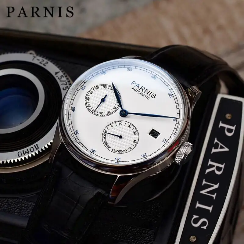 

Fashion Parnis 43mm Silver Case Automatic Mechanical Men Watch Calendar Black Leather Strap Men's Watches reloj hombre Man Clock