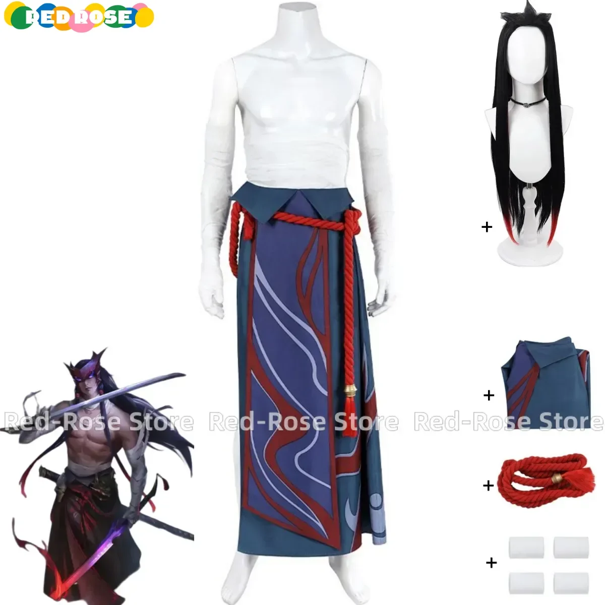 

Game Unforgotten Yone Cosplay Costume Wig Skirt Strap Straps Uniform Full Set Adult Man Woman Carnival Halloween Suit