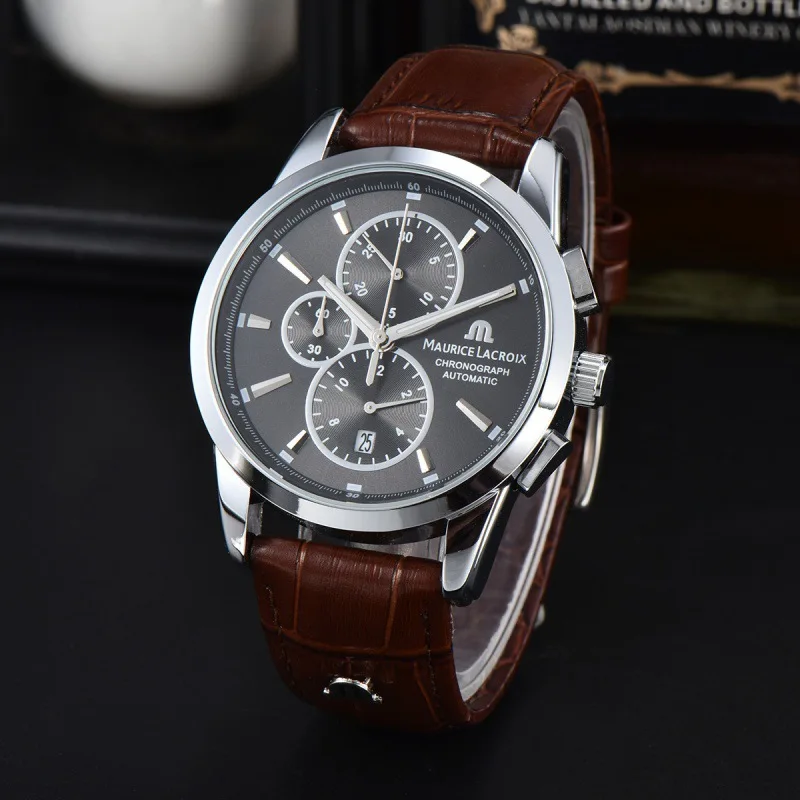 Quartz Watch Multifunctional Timing Series Men's Casual Watch 40.5mm Dials with 6 O'clock Calendar Function Leather Strap 3ATM