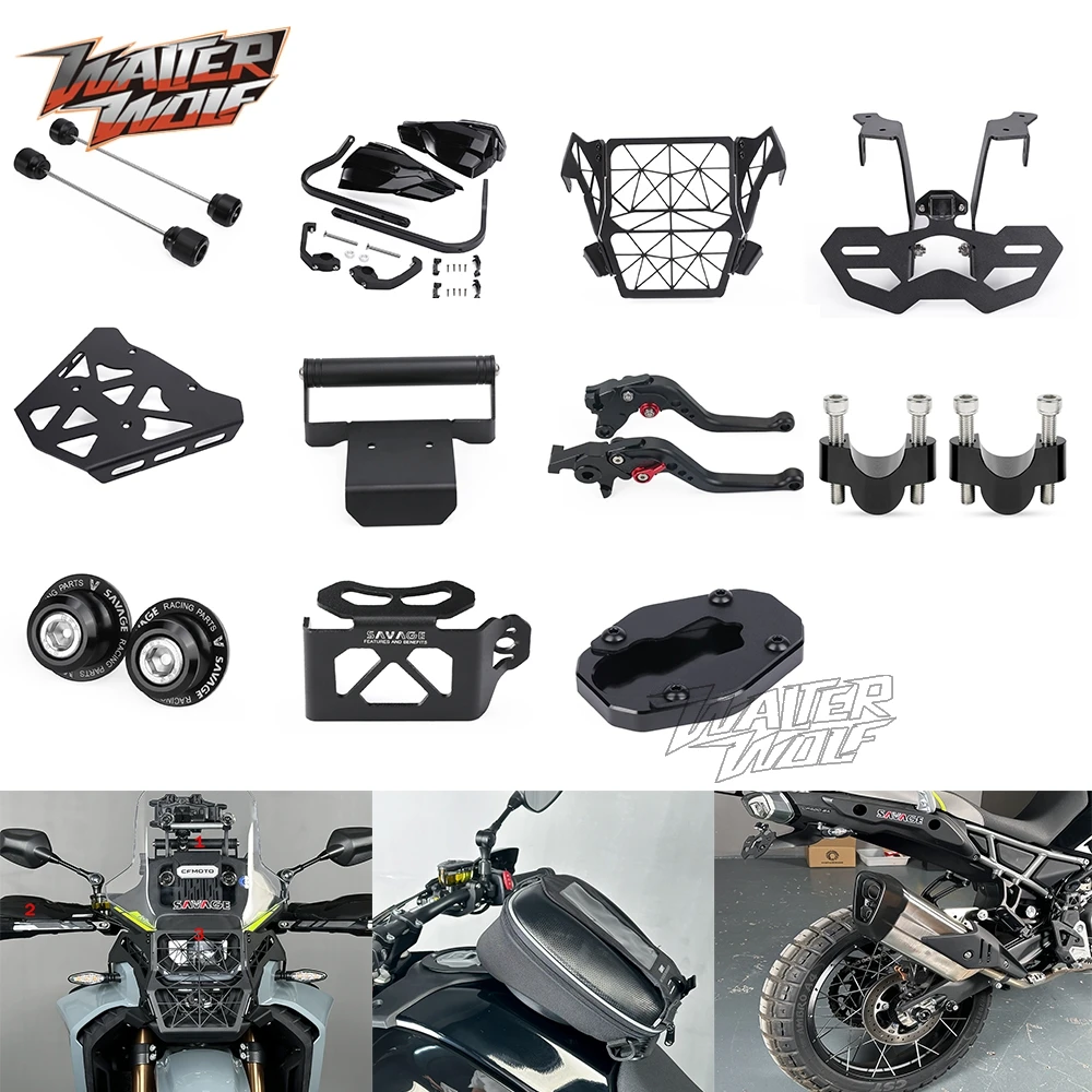 

For CFMOTO 450MT Handlebar Riser Brake Clutch Levers Wheel Axle Handguards License Plate Holder Spools Sliders Steering Damper