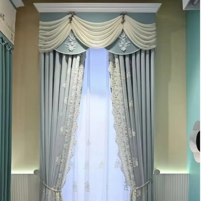 European-Style Embroidered Luxury Blue Curtains for Living Room Bedroom Screen Window Valance Chenille Curtains Customize