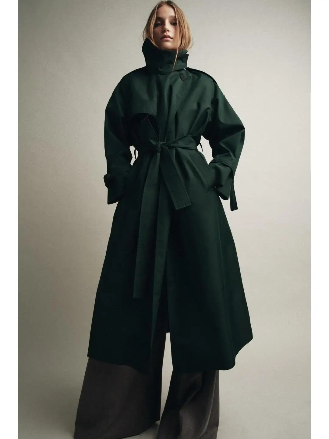 

Loose Street Sle Long Sve Windbreaker Double Button Closure Flip Collar Waist Belt Decorative Large Size Women's Coat