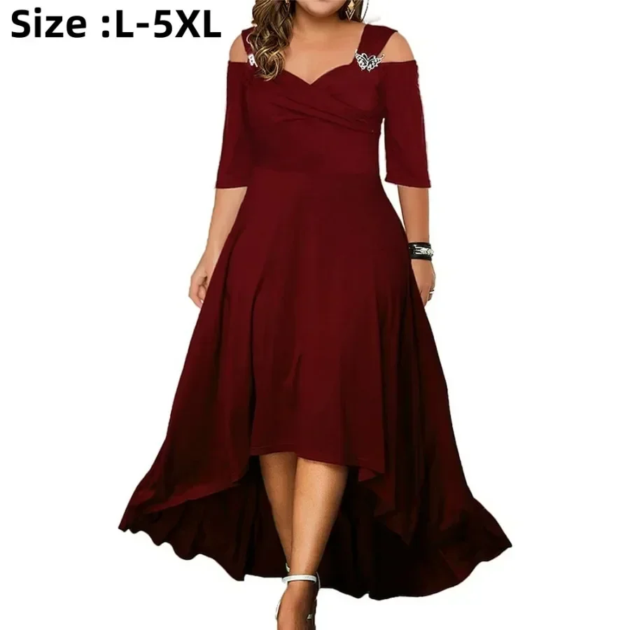 2024 Women\'s Off Shoulder Oversized Dress Solid Large Casual Dress for Fat Women Summer Half Sleeves Long Ruffle A-Line Dresses