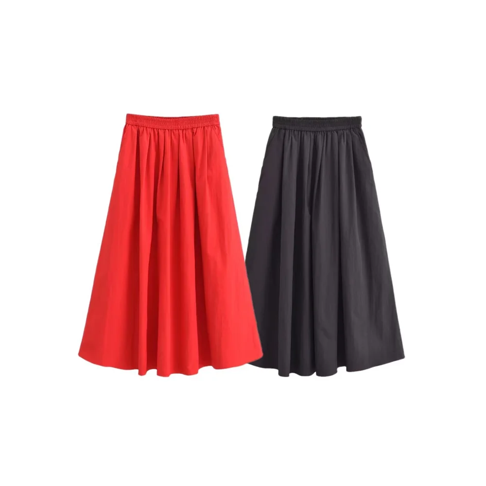 PB&ZA2024 Summer New Product Casual Women\'s Wear Simple and Fashionable Solid Color Wide Swing Midi Half Skirt