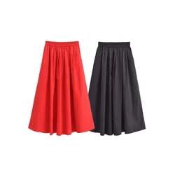 PB&ZA2024 Summer New Product Casual Women's Wear Simple and Fashionable Solid Color Wide Swing Midi Half Skirt