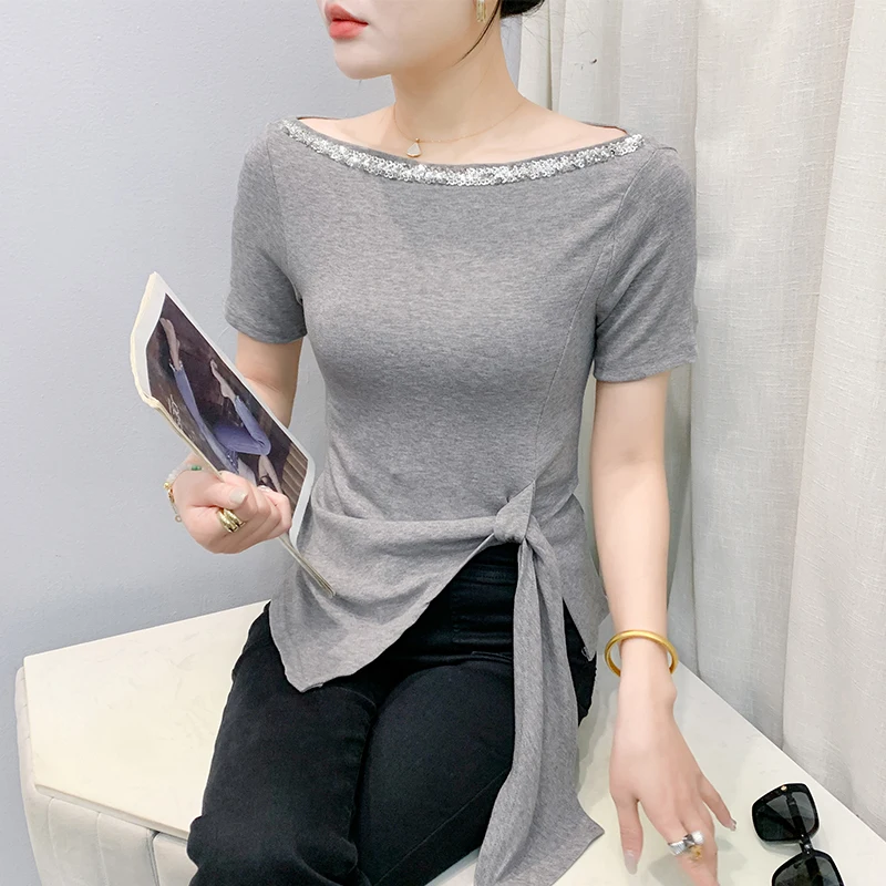 Camiseta ortopé Sve ajustada de verano para mujer, Top versátil con lentejuelas brillantes, cintura ceñida, longitud de ves, diseño Faionable