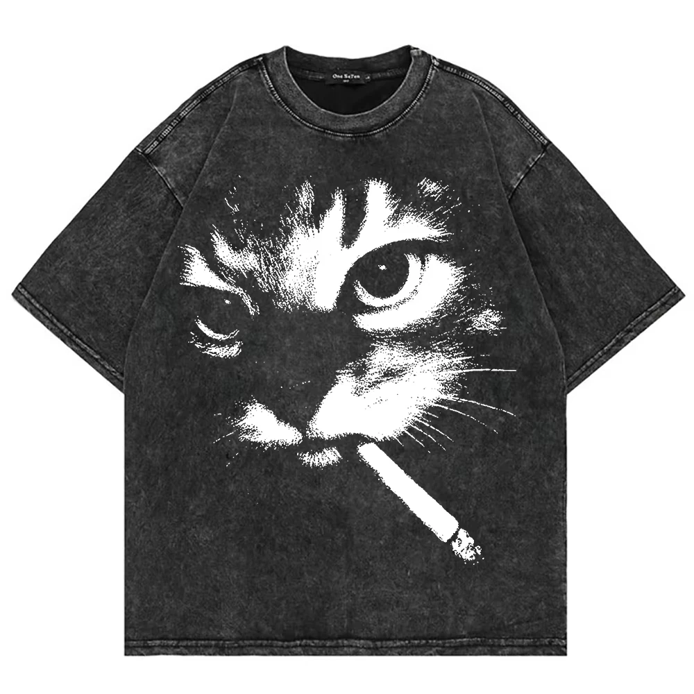 Fashion Cool Cat Joke Oversize Loose Acid Wash T Shirts Y2k Funny Smoking Cat T Shirt Vintage Washed Tees Casual Oversized Tees