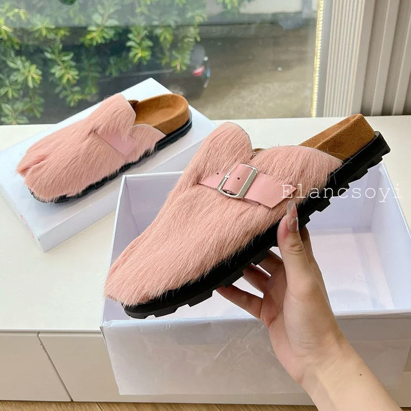 Spring Autumn Split Toe Closed Toe Hairy Slippers Women Thick Bottom Metal Belt Buckle Lazy Mules Female Leisure Vacation Shoes