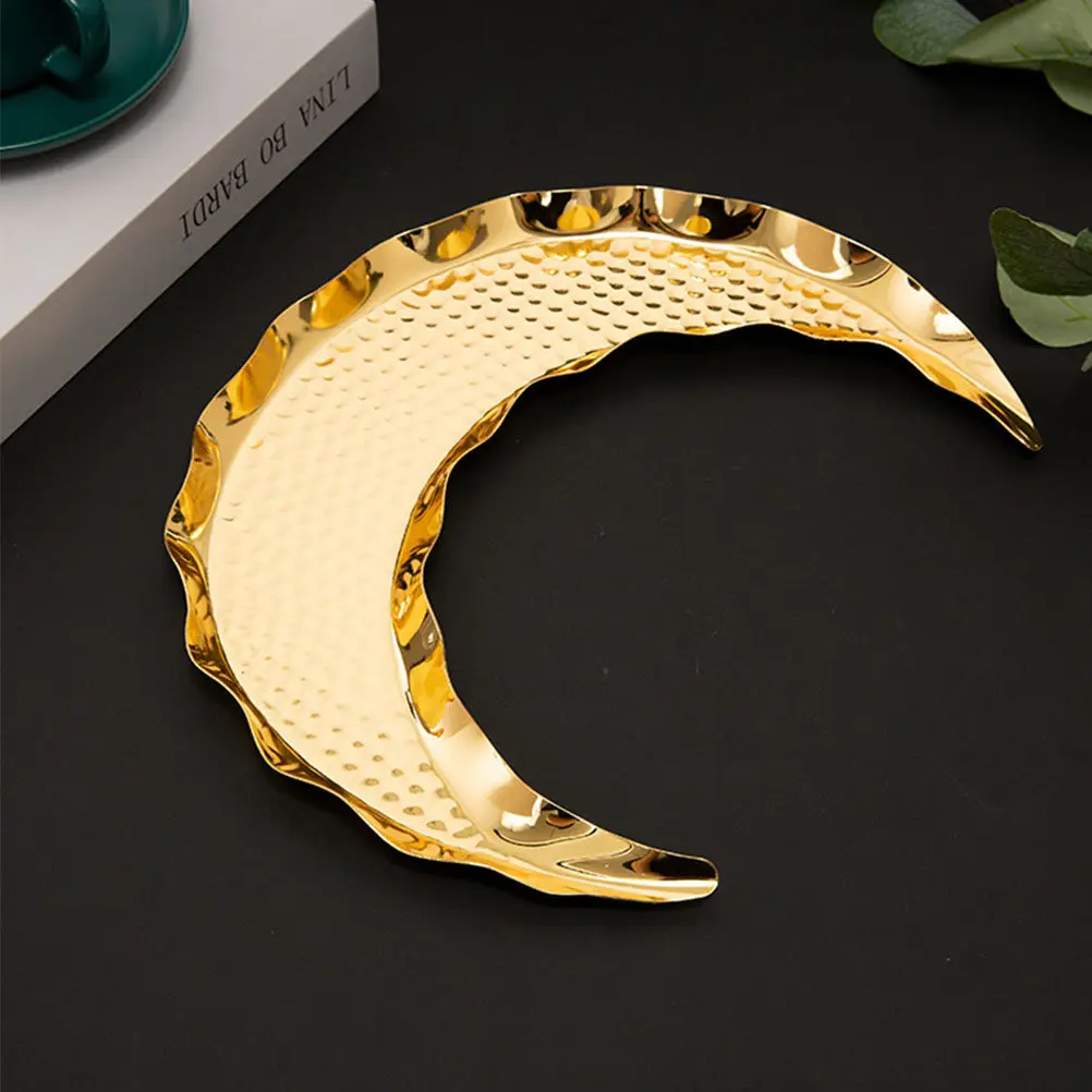 1Pcs Moon Shape Metal Food Serving Tray Golden Zinc Alloy Fruit Dessert Plate Multi-Purpose Snack Dish Food Container Portable