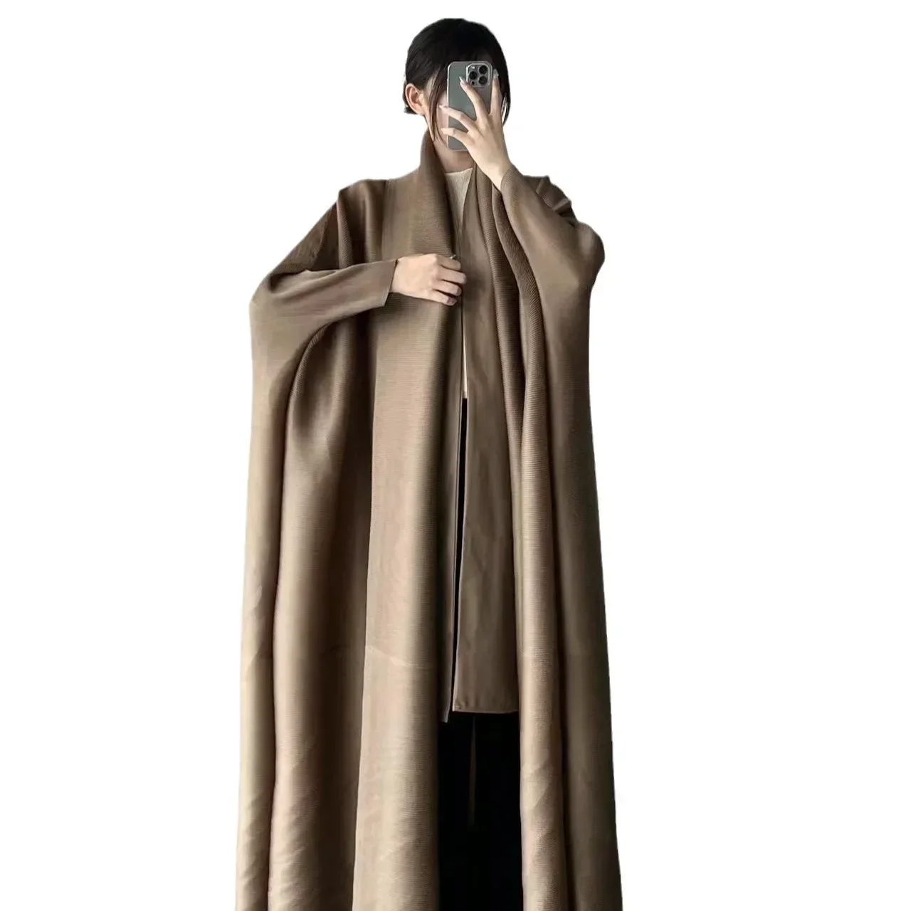 Pleats Robe Pleated Hundred Solid Color 2024 Summer Light Luxury Coat Coat Bat Sleeve Scarf Long Outer Cloak Long Robe Clothing