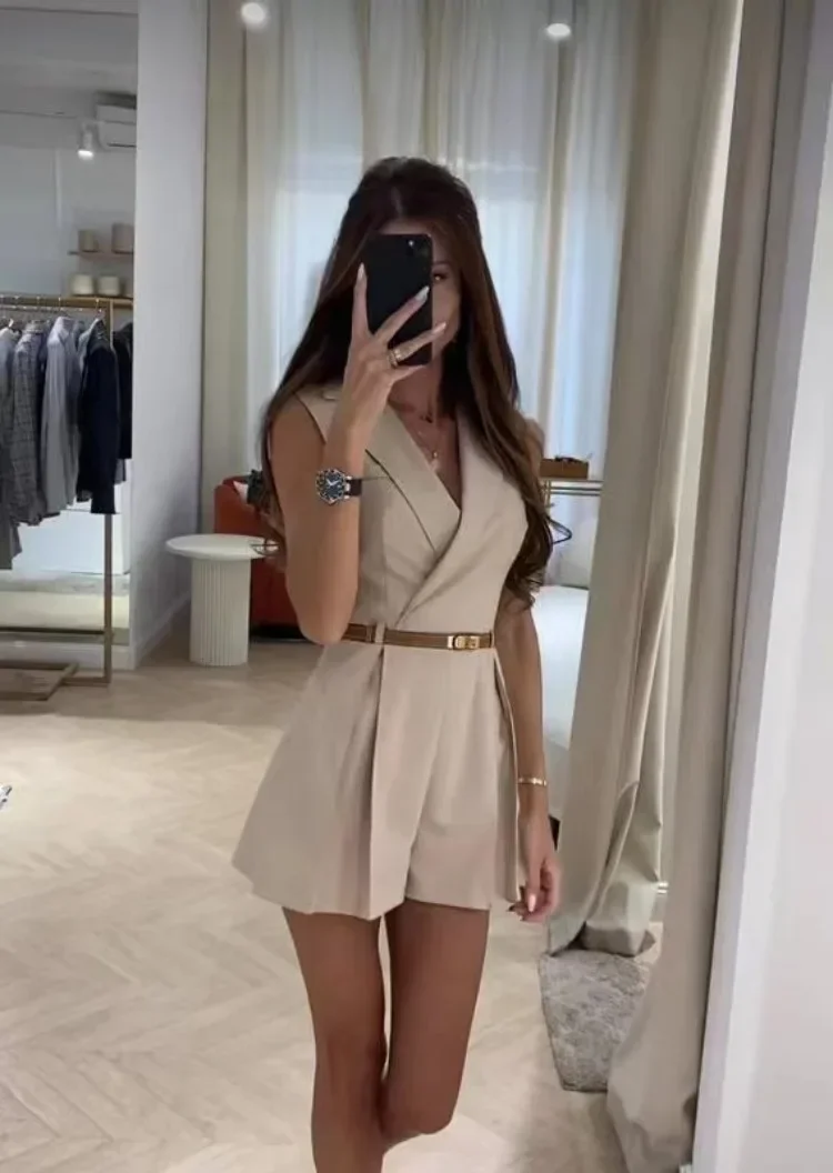 2024 Summer Elegant Women\'s Jumpsuit With Belt Fashion Sleeveless Turndown Collar Slim Short Jumpsuits Female Sping Lady Romper