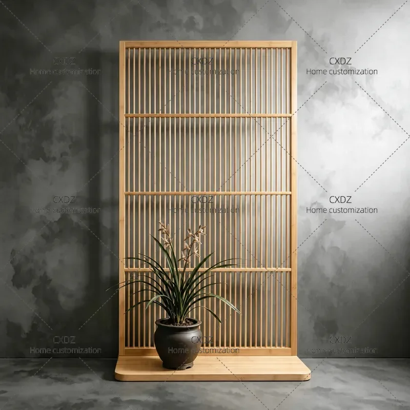 Japanese Bamboo Partition Screen Nordic Simple Solid Wood Grille Modern Movable Entrance Floor Divider Room Separator