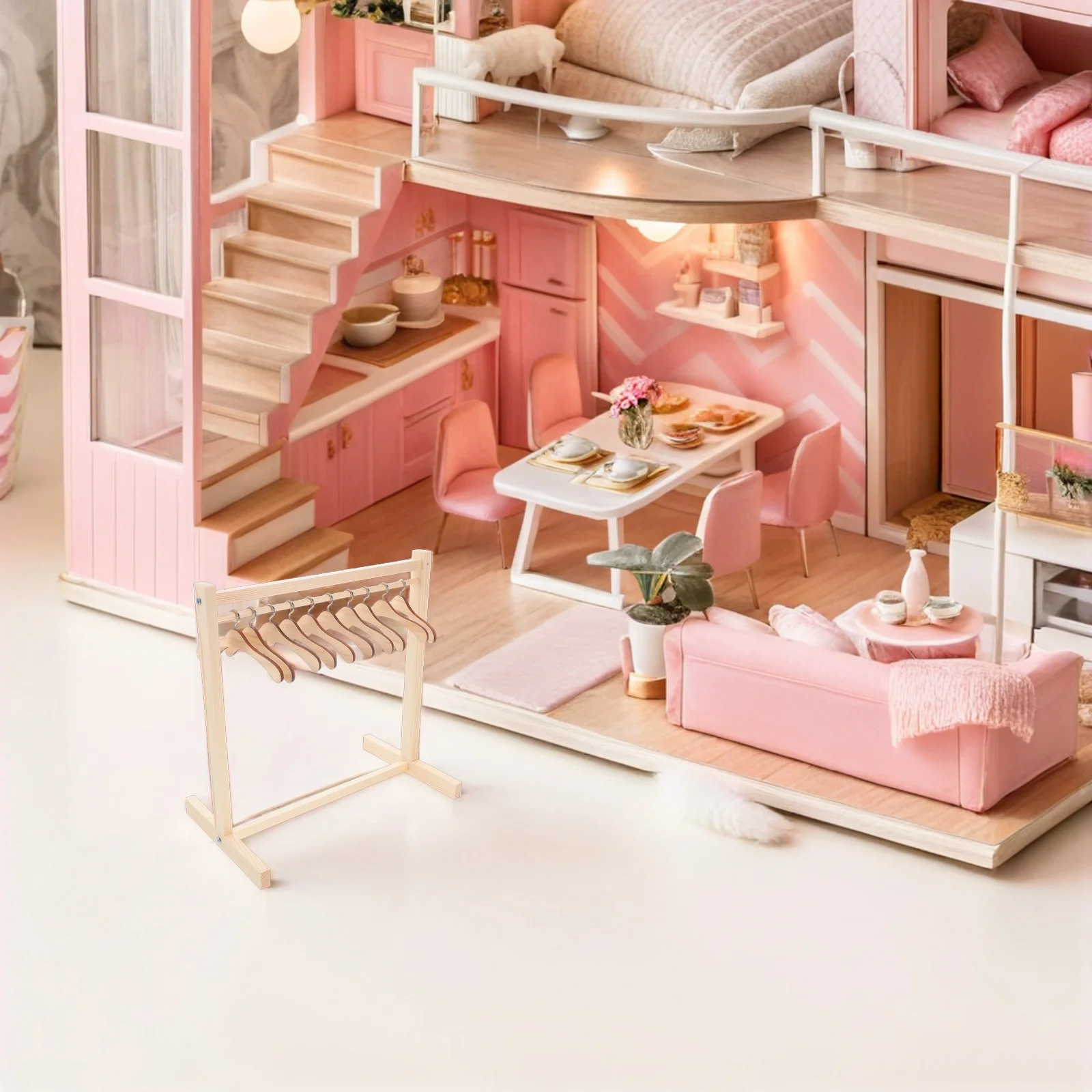 Miniatur-Kleiderständer aus Holz für Puppenhaus, 1 Set, kleiner Kleider-Organizer, Ausstellungsständer, Kleiderbügel, Babyparty-Geschenk