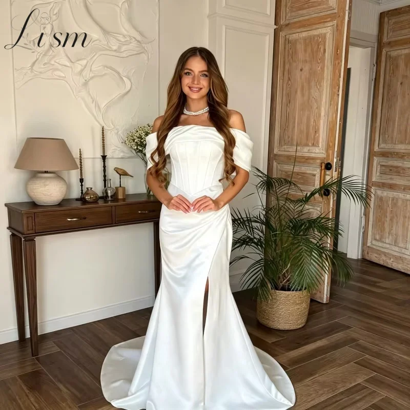 Lism Pure Ivory Modern Satin Wedding Dress Off Shoulder Side High Slit Cape Sleeve Fitted Mermaid Vestidos De Novia Customized