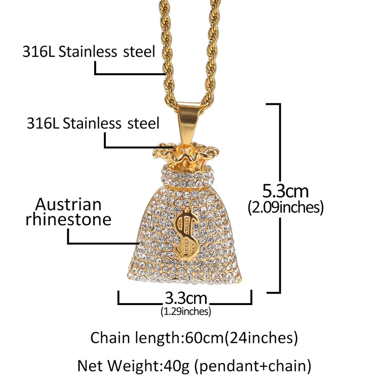 Hip Hop Full Rhinestones Bling Iced Out Stainless Steel US Dollar Money Bag Pendants Necklace Men Rapper Jewelry $ Sign