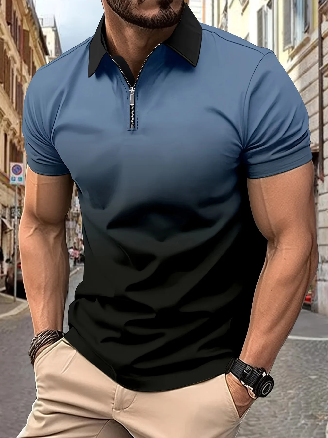 

Summer new men's zip-up Polo shirt lapel Polo shirt progressive pattern street short-sleeved clothing