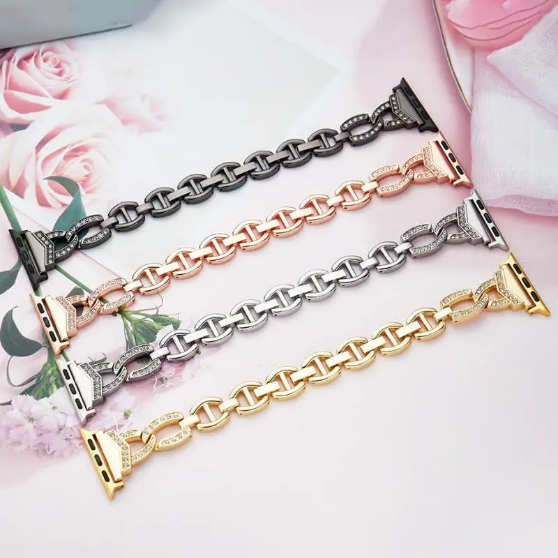 حزام معدني فاخر من الفولاذ المقاوم للصدأ لساعة أبل 38 46 42 40 44 41 45 49 مللي متر حزام الماس لسلسلة iwatch 10 9 8 7 SE 6 5