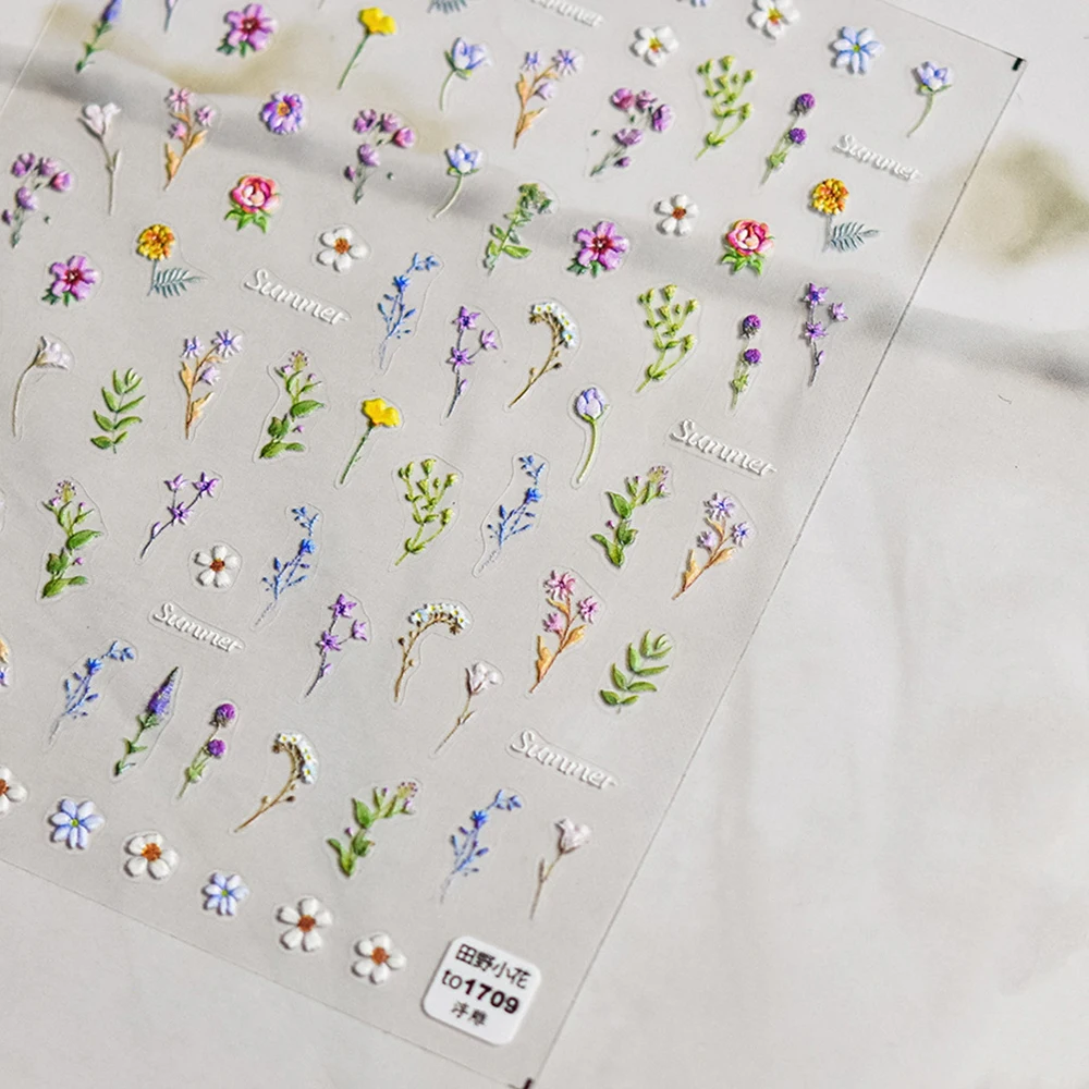 1 SZT. - Kolorowe Suszone Kwiaty Naklejki na Paznokcie 5D Kawaii Stokrotki/Kwiaty/Liście Ozdoby do Paznokci 8x10cm Manicure Mini Chic Floret Slider