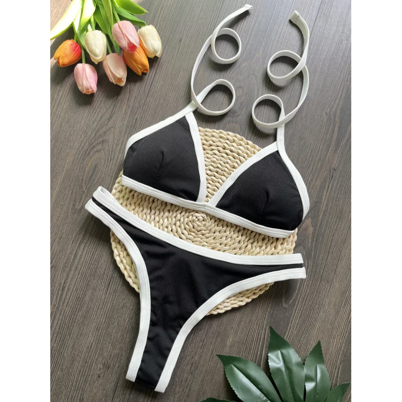 

2024New Sunken Stripe Black and White Bikini Swimsuit Beach Sexy Women's Swimsuit