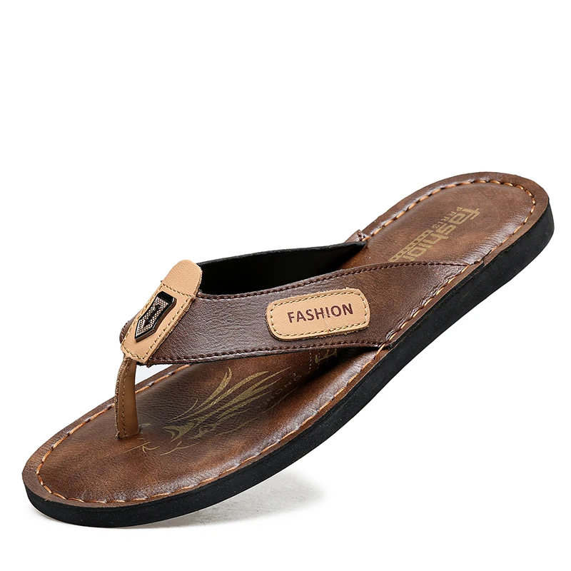Men\'s Leather Flip Flops Summer Fashion Non-slip Beach Slippers Casual Flat Sandals for Men Outdoor Walking Shoes Big Size 48 49