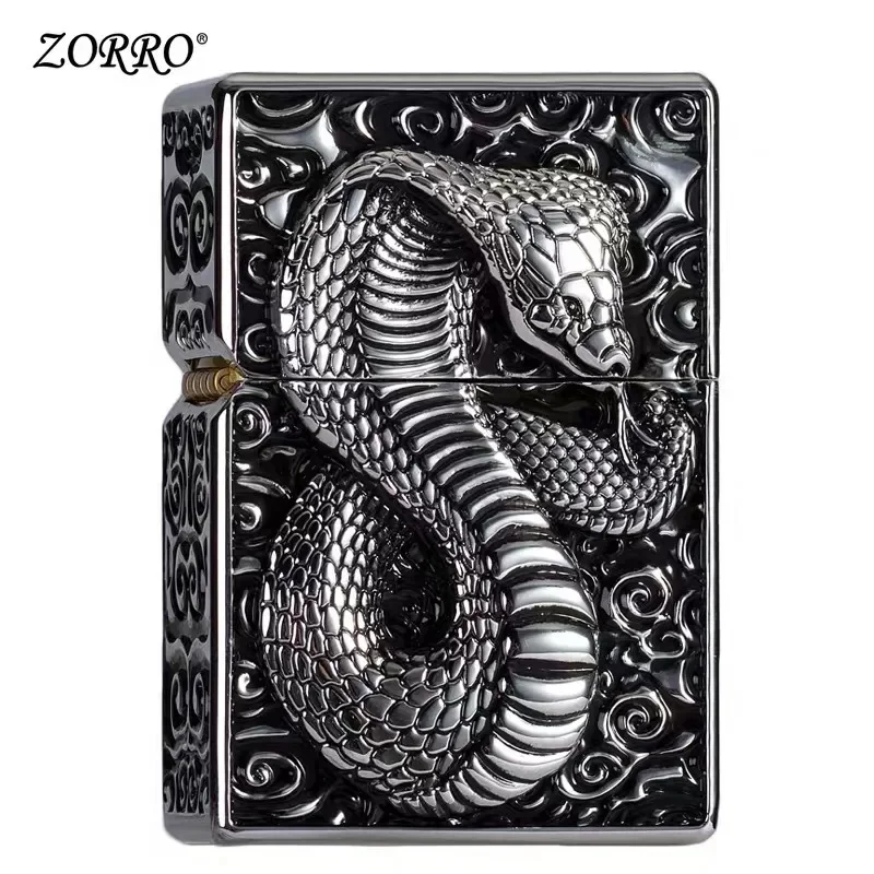 Metal Embossed Pure Copper Gasoline Lighter Heavy Duty King Cobra Snake Kerosene Lighter Cigarette Smoking Gift Men's Gadgets