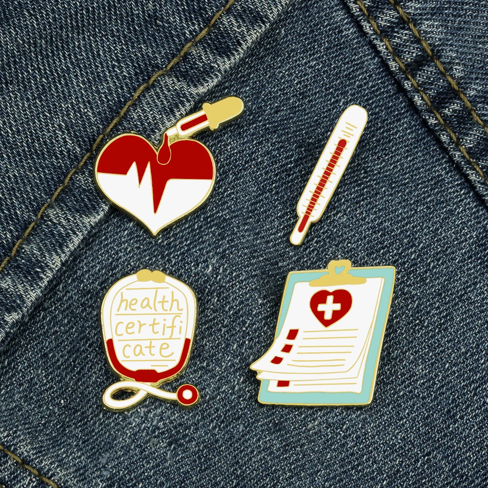 Electrocardiogram Medical Enamel Pins Doctor Nurse Badges Stethoscope Heartbeat Thermometer Notepad Brooches Lapel Pin Jewelry