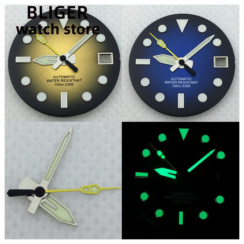 

29mm yellow blue sterile watch dial + hand mounted NH35 movement green glow