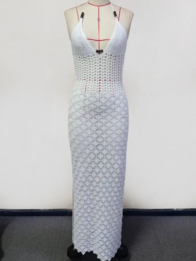 Abito lungo da spiaggia aderente con cinturino per spaghetti ritagliato in maglia sexy 2026 Abito estivo da donna per club party, costume da bagno, copricostume