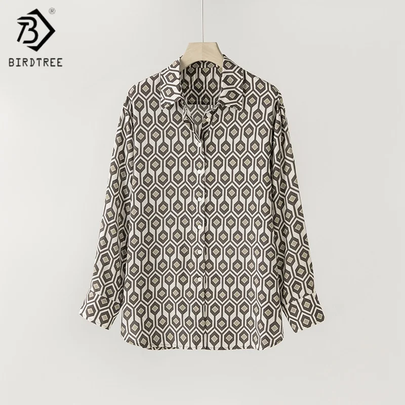

Birdtree,100% Mulberry Silk Print Blouse,Women's Double Crepe Lapel Retro Tops,Full Sleeve Shirt,2025 Spring Autumn New T5D629JF