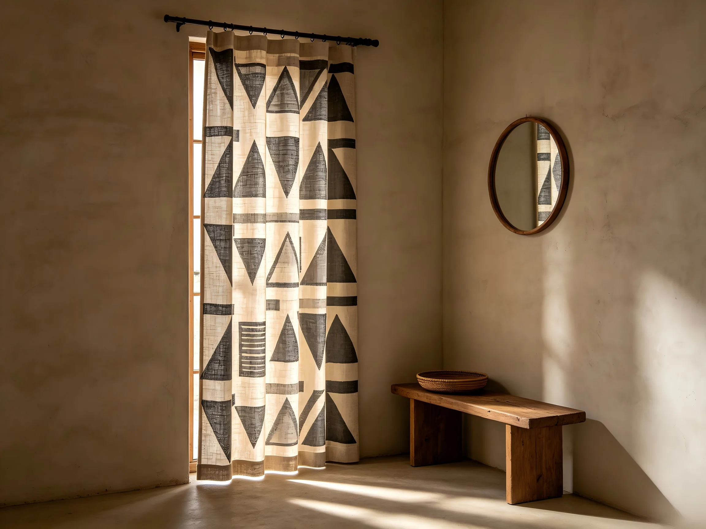 200106   Black gray geometric pattern jute curtain