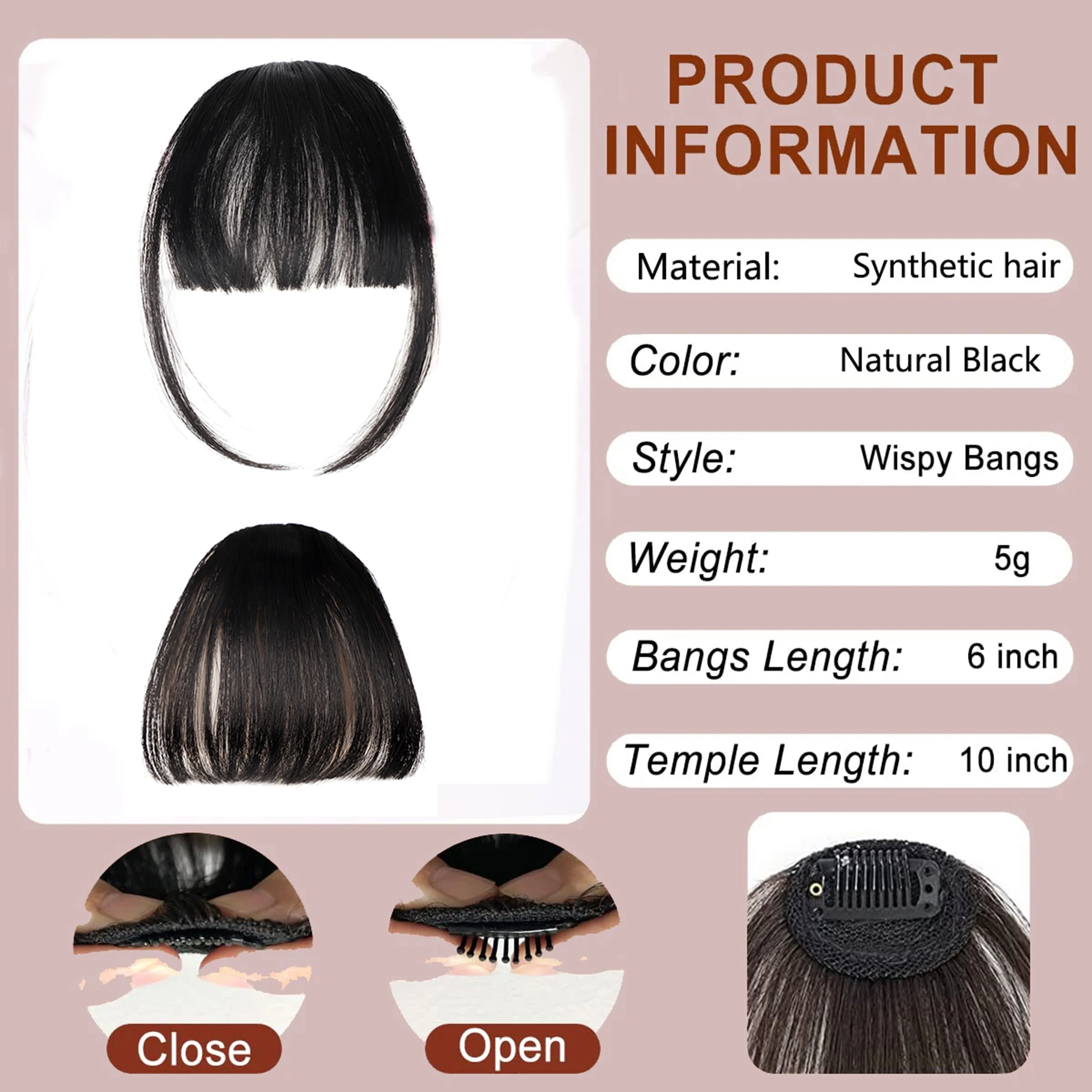 Synthetic Clip in Bangs Extensions Natural Black Clip on Bangs for Women Fringe with Temples Hairpieces Bangs for Daily Wear