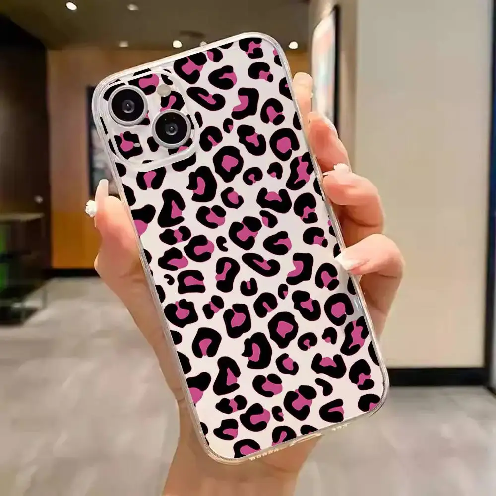 1pc Pink Leopard Print Phone Case Transparent For IPhone 17 16 15 14 13 12 11 PRO MAX PLUS Mini Soft Skin-friendly Cover