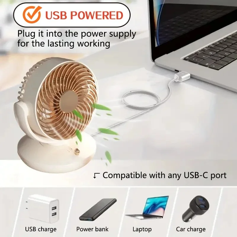 NEW Small Desktop Fan 6 Inch Table Fan 3 Speed 140° Manual Tilt and 120° Auto Oscillation For Home Office Bedroom With USB Cable