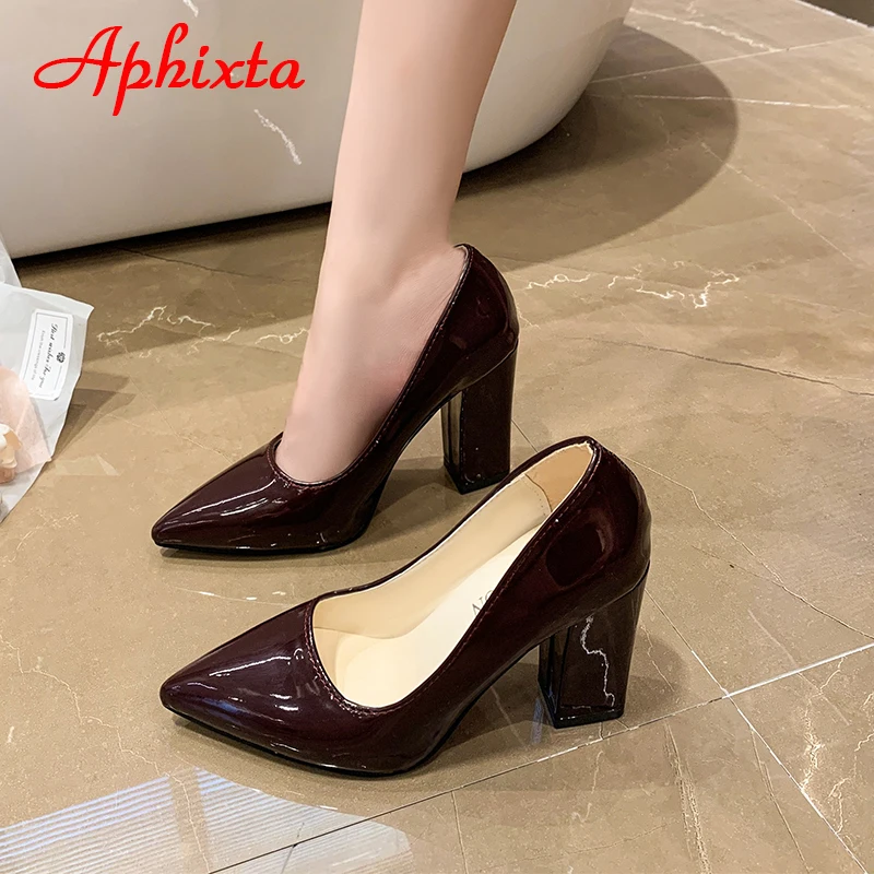 Aphixta 2023 Autumn 3.94Inch Chunky Heels Pumps Women Shoes Wine Red Patent Leather Sexy Party Official Leisure Plus Szie 33-46