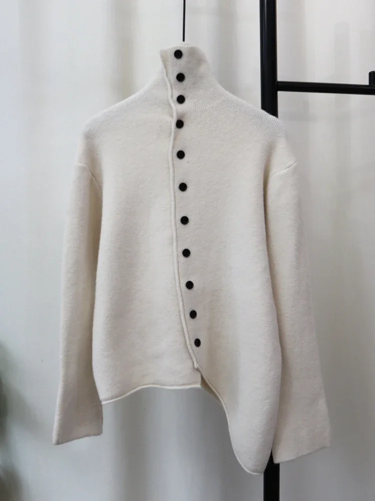 

Autumn Winter New High-grade Elegant High-Collar Knitted Cardigan Fashion Design Irregular Casual All-Match Sweater Coat Women