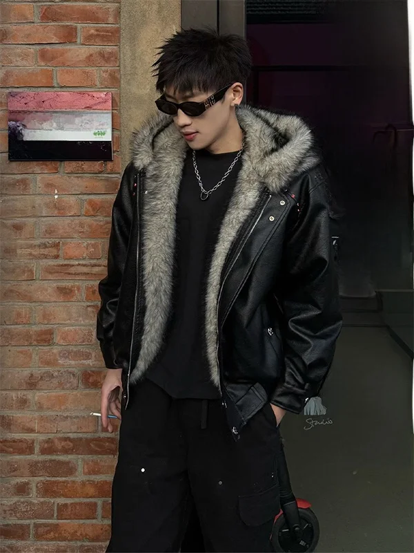 

Мужская зимняя куртка American Sle с капюшоном, хлопковая, с меховым воротником, модная, с заклепками, верхняя одежда