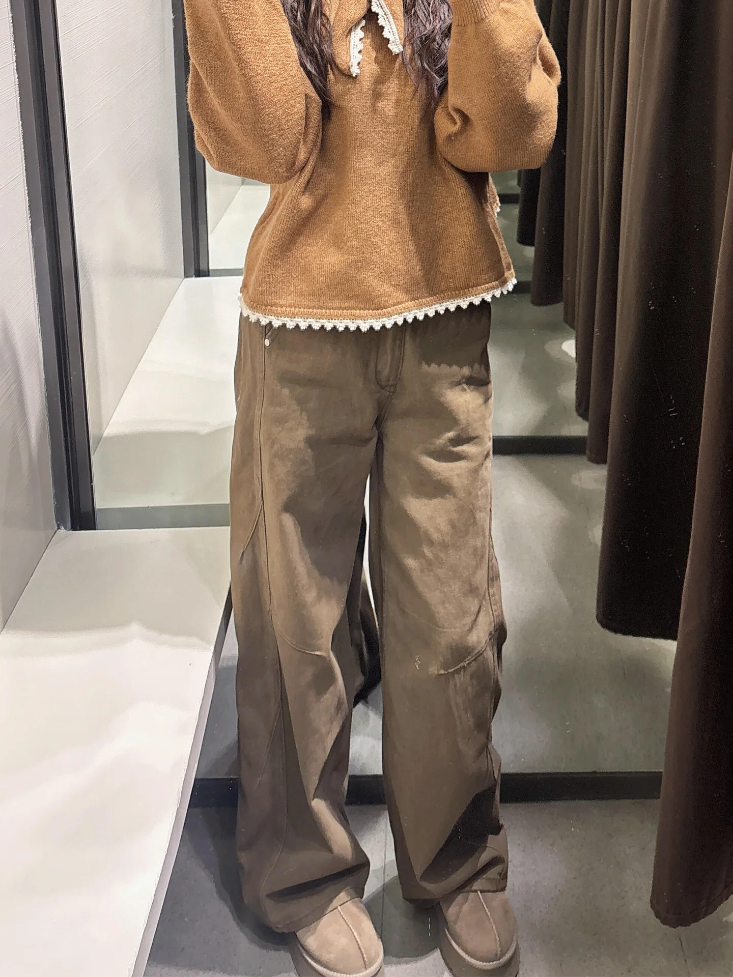 American Sle High Waist Wide Leg Jeans Women's Winter New Loose Floor-Length Slimming Skinny Jeans Waed out Brown Coffee