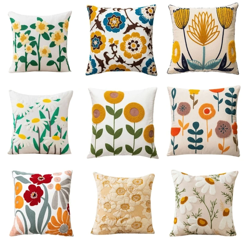 Floral Embroidered Cushion Cover 45x45cm Pillowcase Throw Pillow Covers Decor Dropship