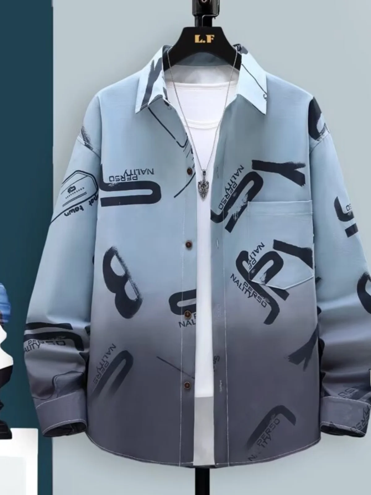 

aduated Color Long Sve Casual irt Men's Spring Autumn Thin Outerwear Youthful Trendy Brand Stand Fit Printed Fabric