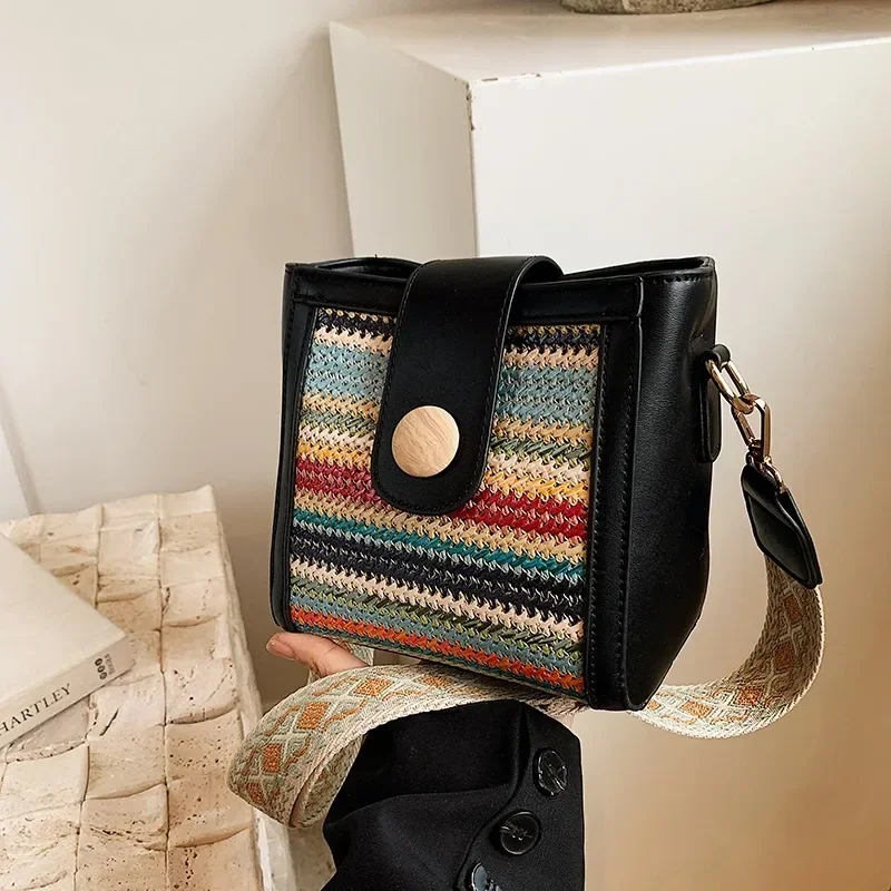 Bohemian Woven Bag 2024 Niche Design Wide Shoulder Strap Crossbody Women's Bag Large Capacity Color Blocked Bucket Shoulder Bag