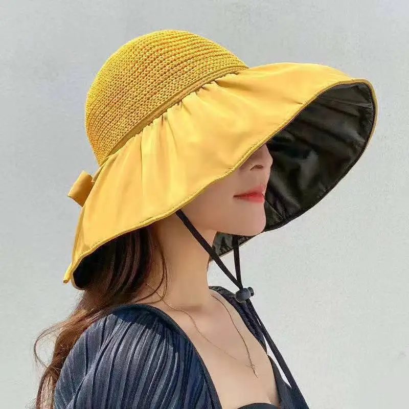 Metal Label Bow Knit Sun Hat  Big Brim Breathable UV Protection Visor Caps For Women Men Summer Travel Sport Hiking Beach Hat