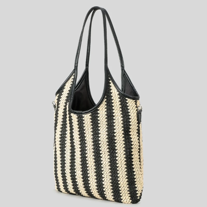 Contrasting Color Stripes Retro Woven Grass Bag Large Capacity Straw Shoulder Bag Design Two-piece Set Women's Beach Seaside Bag