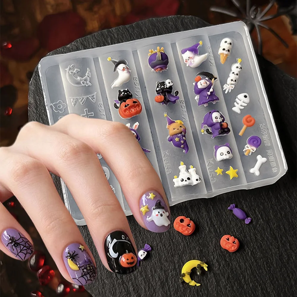 Halloween Cartoon Silicone Nail Mold 3D DIY Nail Decor Mould for Ghost Pumpkin Bat Shapes Easy Nail Art Charms Template Mold