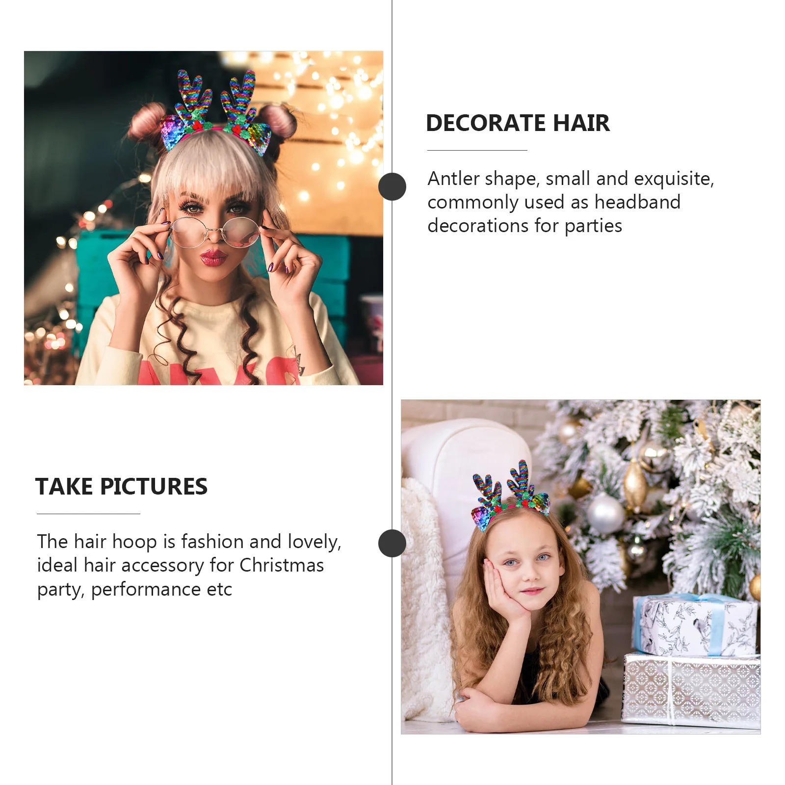

2Pcs Xmas Hair Hoop Christmas Headband with Shiny Sequins for Night Activities Festival Outfits Party Wear Elk Hairband Holiday